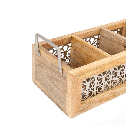 Handcrafted Mango Wood Cutlery / Storage Caddy Three Division 19cm - Image 4