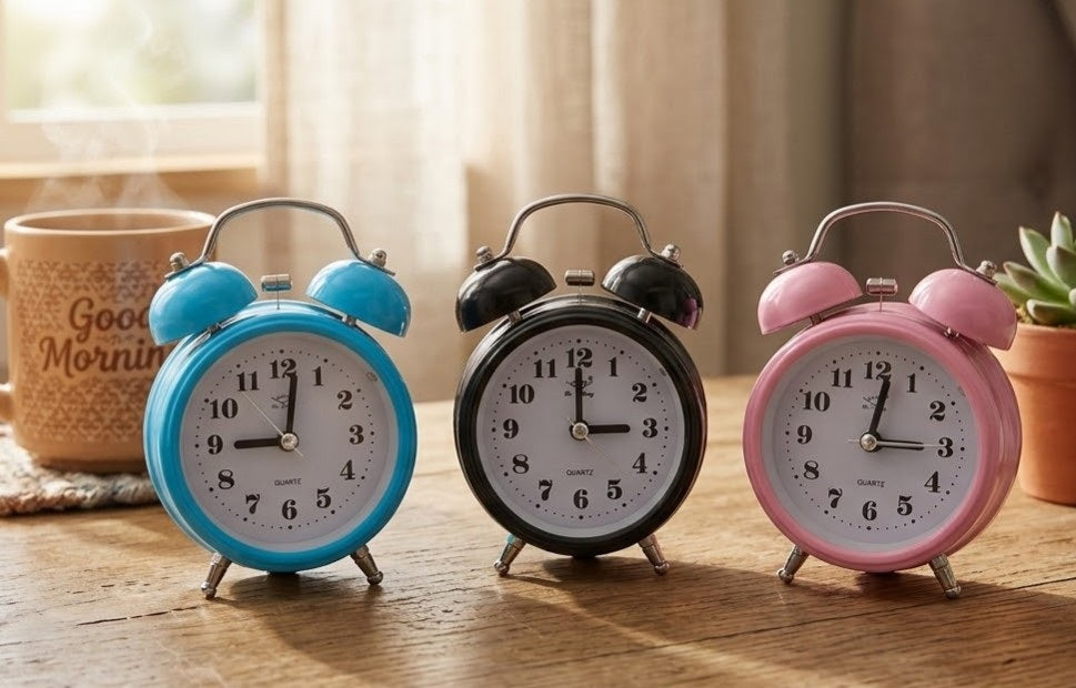 Bulk 12 Twin Bell Table Clock 9x5.6x12.5cm 3 Asst Cols
