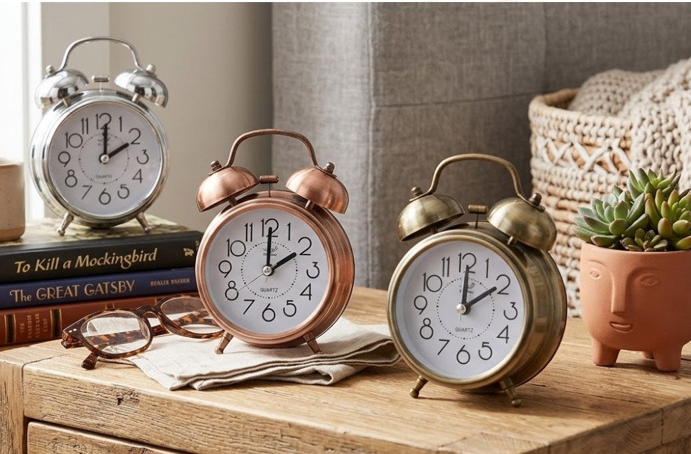 Bulk 12 Metal Twin Bell Table Clock 9x5.6x12.5cm 3 Asst Cols
