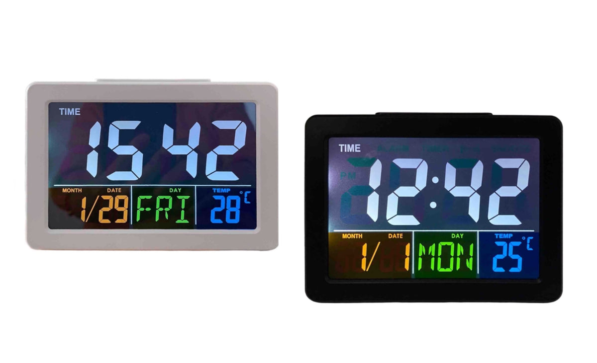 Bulk 12 Multifunction Digital Table Clock 14.2x5.4x10.9cm 2 Asst