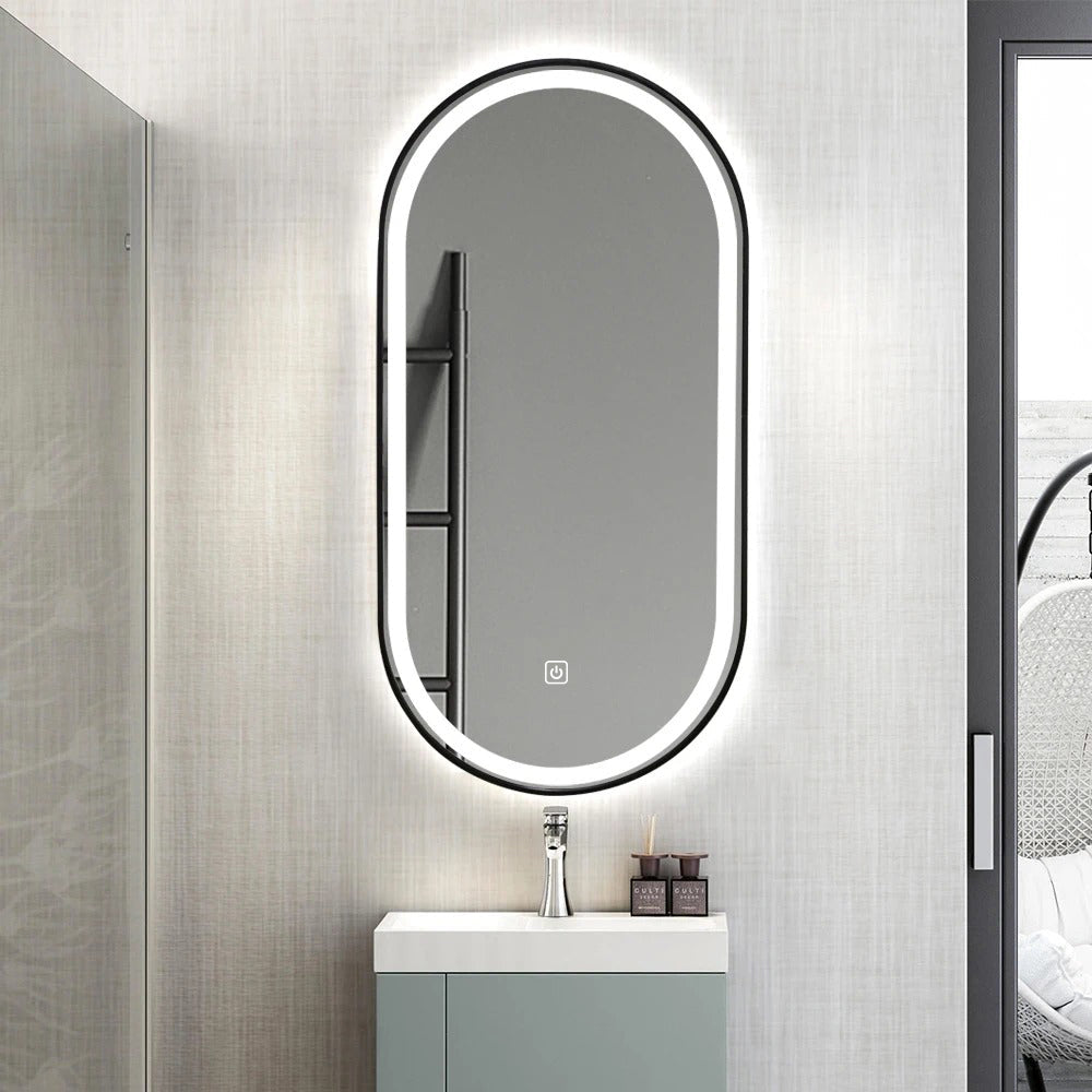 Black Oval LED Bathroom 100cm x 50cm Frosted Edge Defogger Dimmable Vanity Wall Mirror
