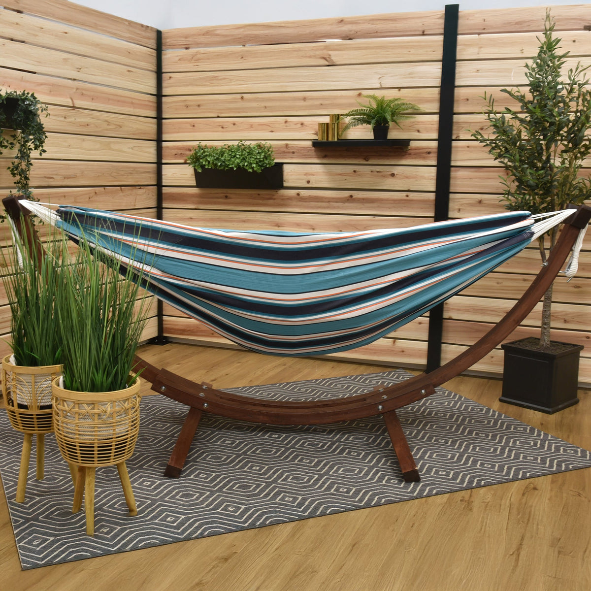 Vivere Double Sunbrella Hammock with Solid Pine Stand (260cm) - Token Surfside