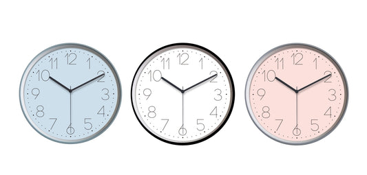 Bulk 12 Modern Round Wall Clock 25.5cm 3 Asst