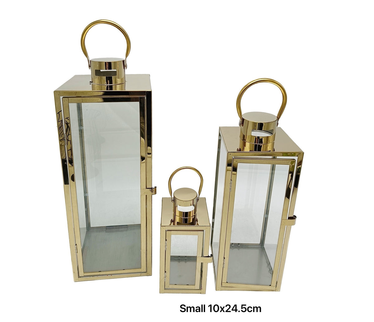 Bulk 8 Small Polish Gold Metal & Glass Lantern 10x24.5cmh