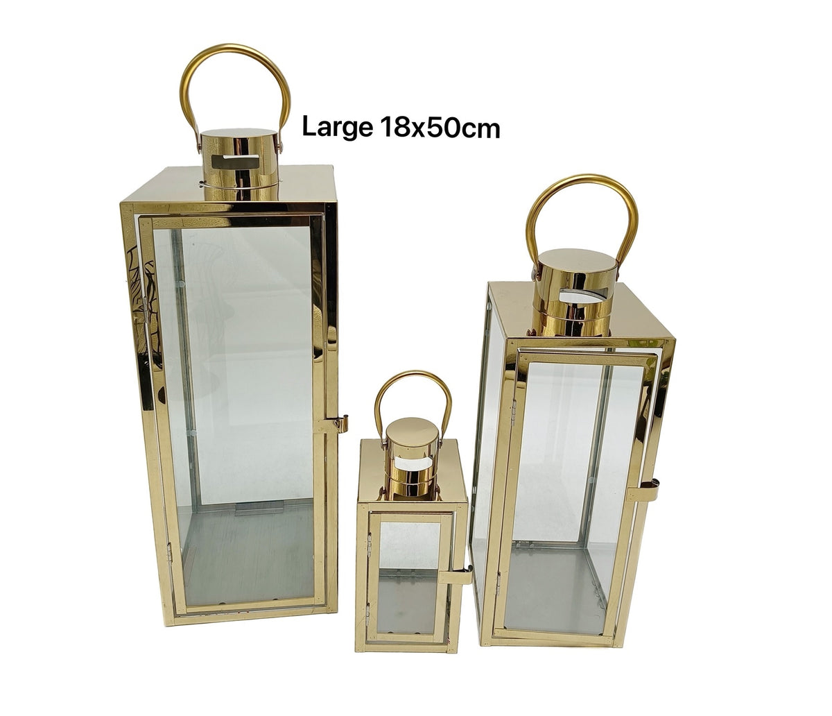 Bulk 4 Large Polish Gold Metal & Glass Lantern 18x50cmh