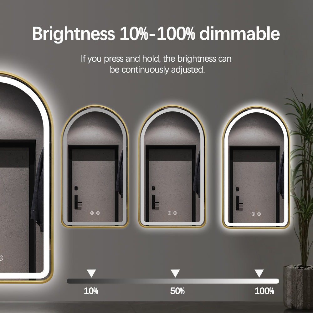 Arched LED Gold Frame Wall Mirror 100cm x 75cm Frosted Defogger Dimmable Vanity