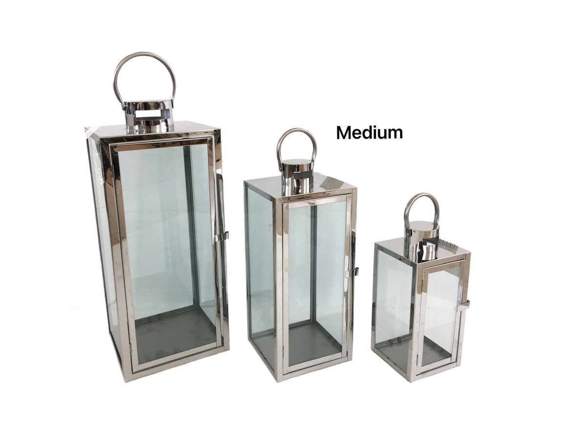 Bulk 6 Medium Polish Silver Metal & Glass Lantern 14x39cmh