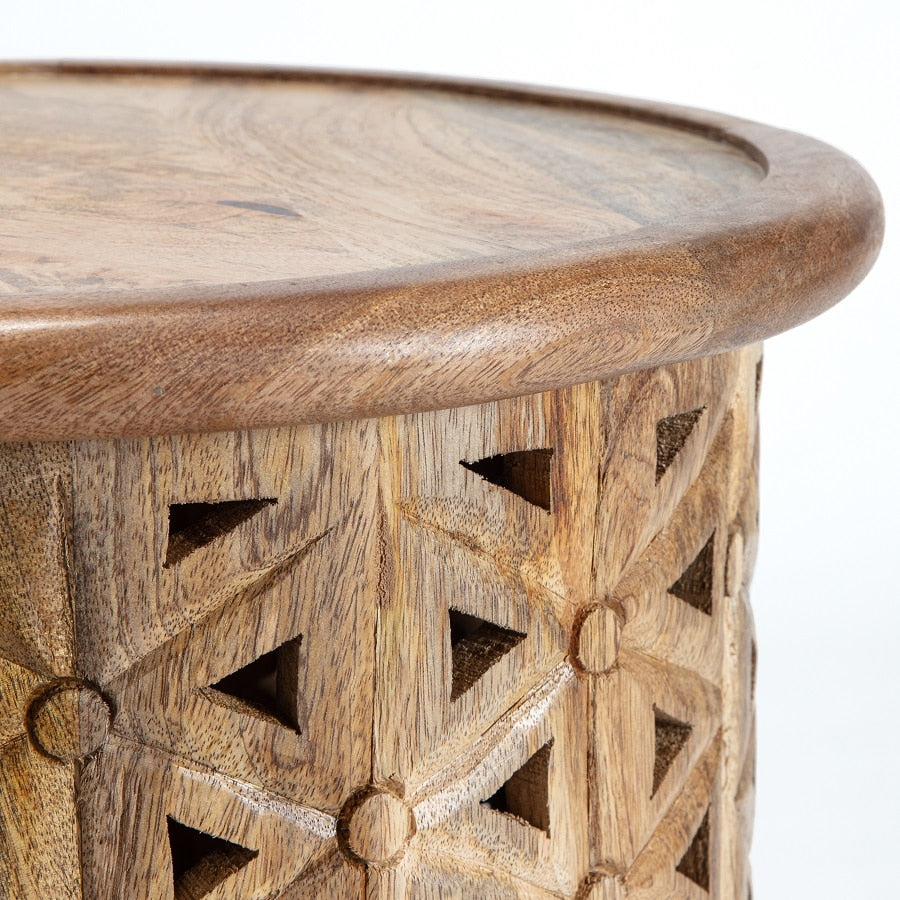 Zara Natural Mangowood Carved Side Table 43x46cm - Image 4