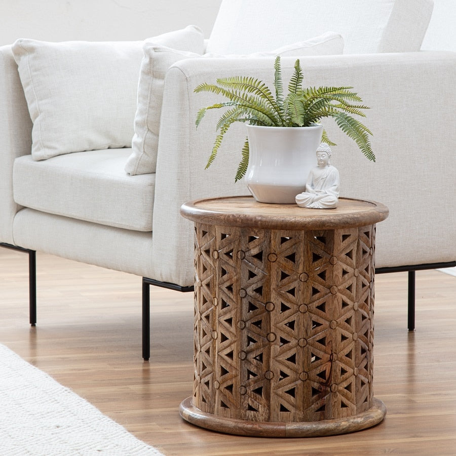 Zara Natural Mangowood Carved Side Table 43x46cm