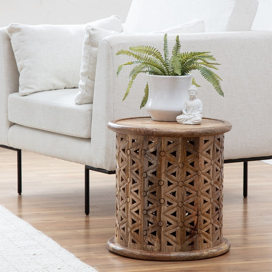 Zara Natural Mangowood Carved Side Table 43x46cm