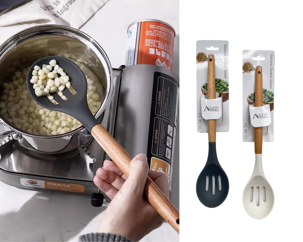 Bulk 24 Accent Silicone Slotted Spoon 32x7cm 2 Asst