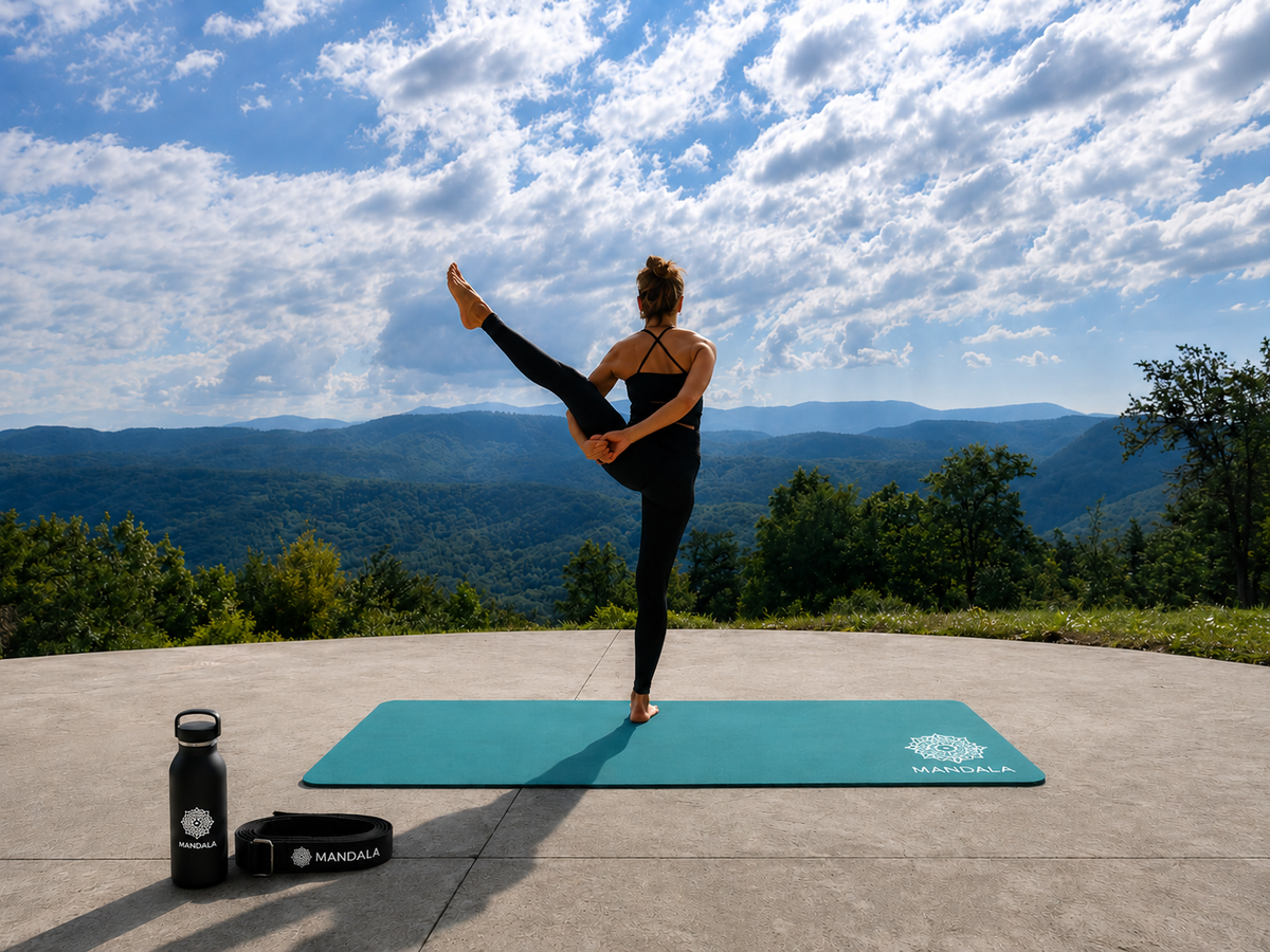 Mandala Yoga Mat Premium Bundle, Includes Yoga Mat 188cm H x 61cm W, Yoga Strap & Steel Hydration Bottle - Teal
