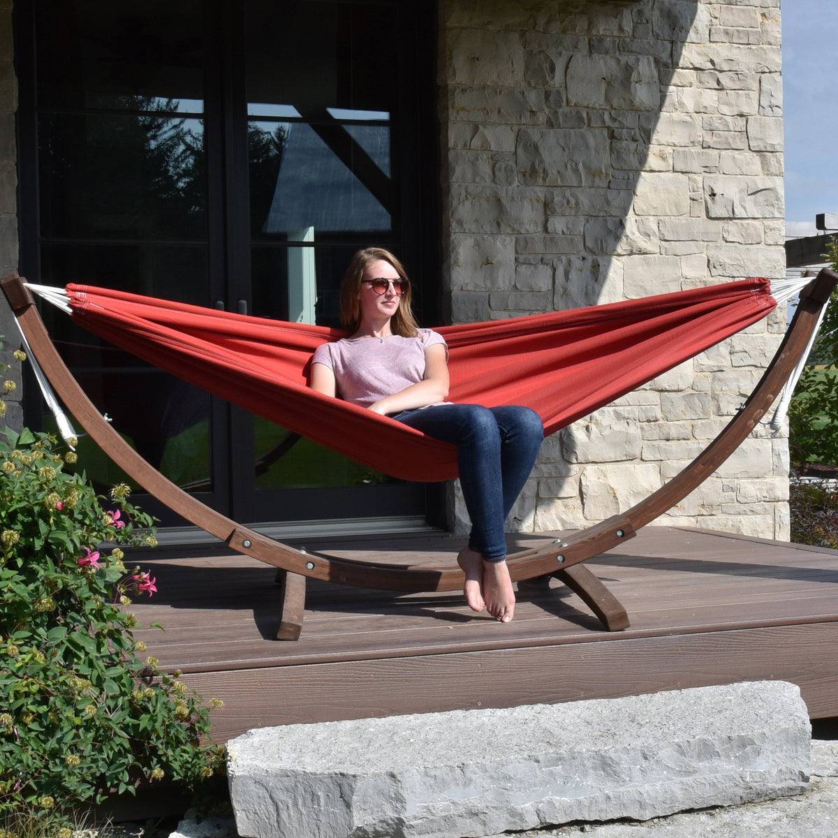 Vivere Double Sunbrella Hammock with Solid Pine Stand (260cm) - Crimson