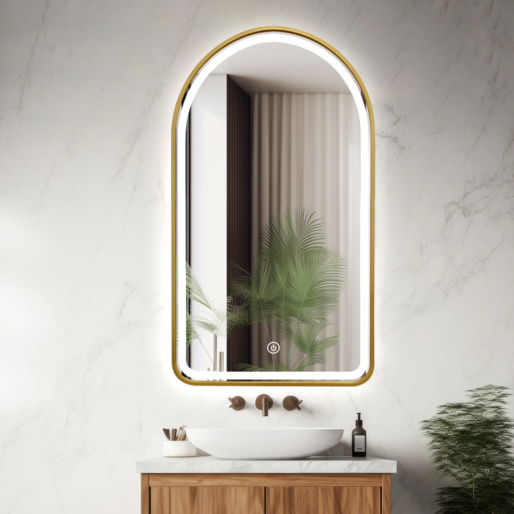 Arched LED Gold Frame Wall Mirror 100cm x 75cm Frosted Defogger Dimmable Vanity