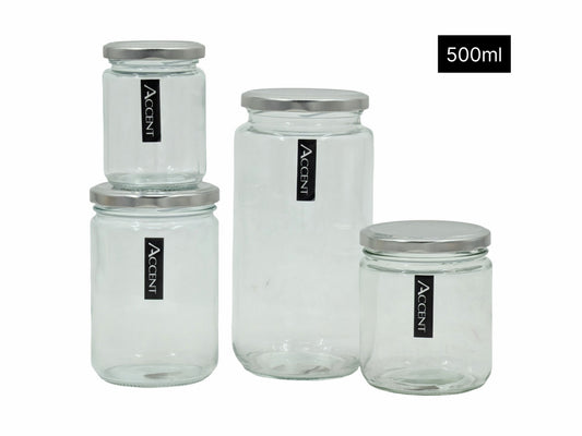 bulk 36 Glass Jar Round w/ Silver Lid 500ml Canister 13cm