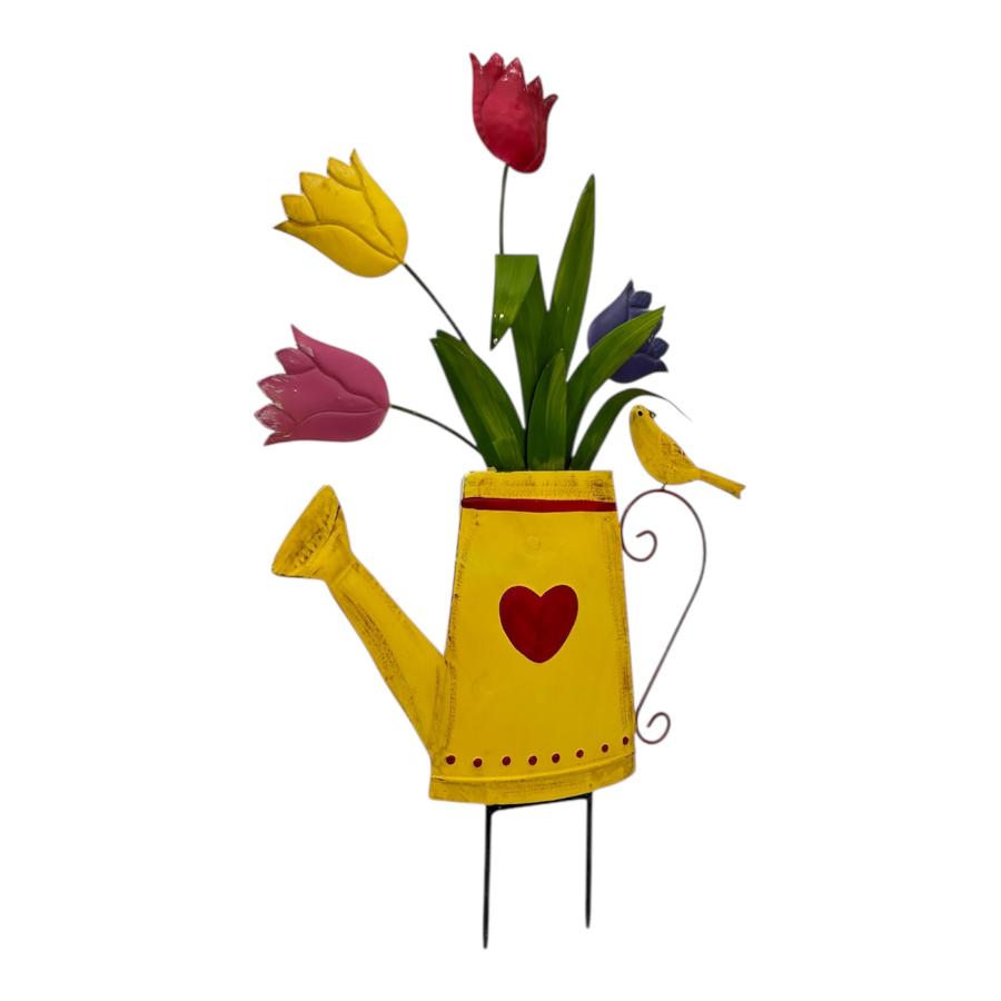 Flowers In Yellow Watering Can Garden Stake 55cm - Image 4