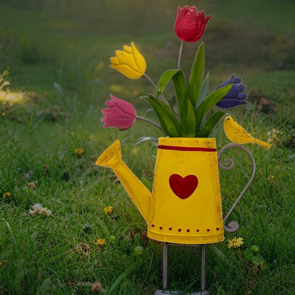 Flowers In Yellow Watering Can Garden Stake 55cm - Image 2