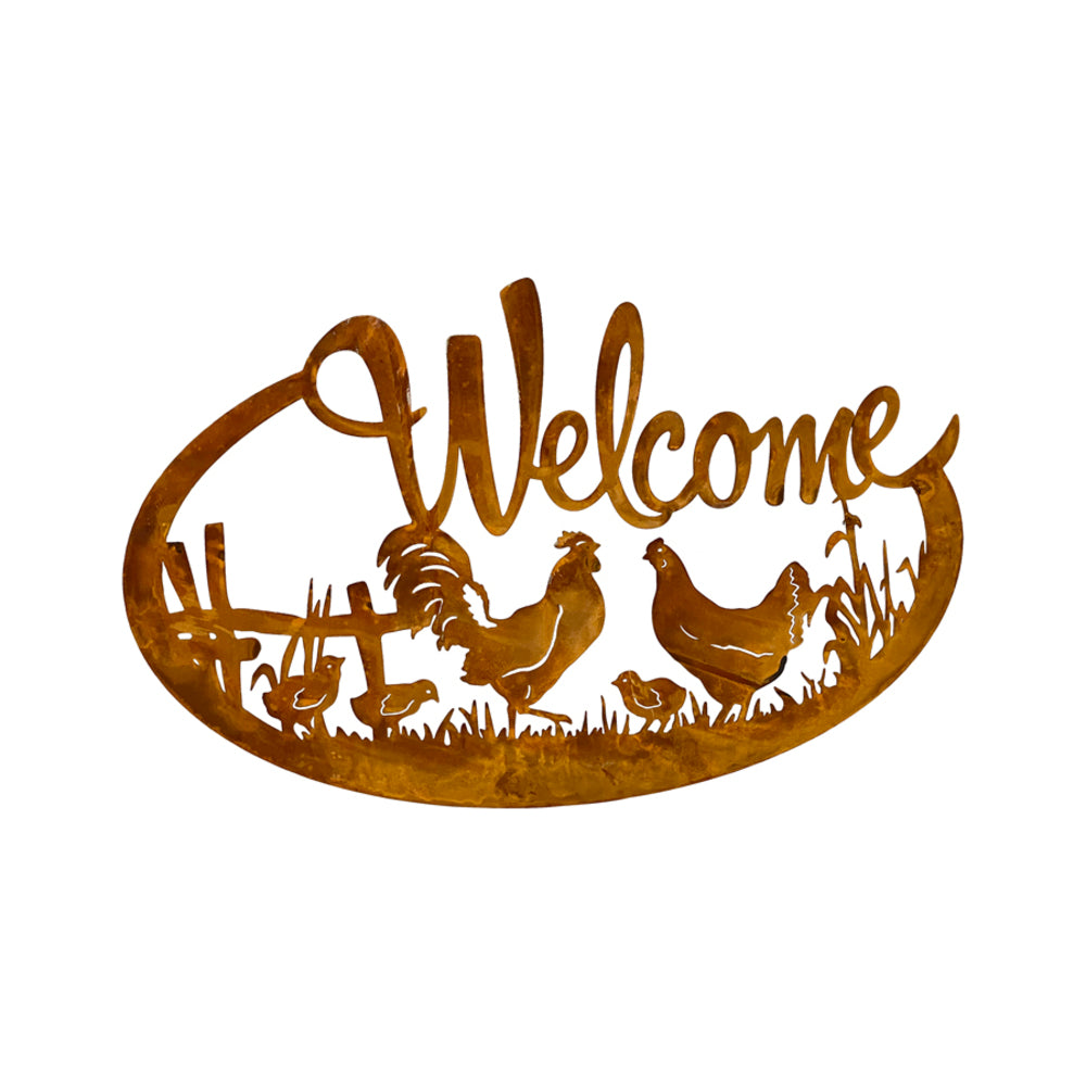 Laser Cut Welcome w Chicken Family Wall Art 60cm
