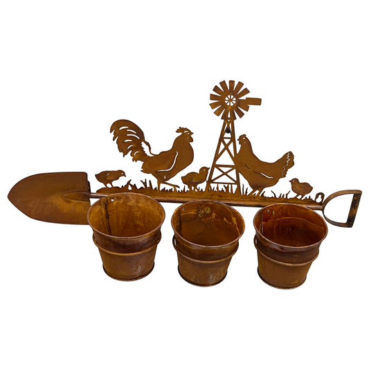 Three Pot Wall Planter On Shovel W Chooks 60x30cm - Image 2