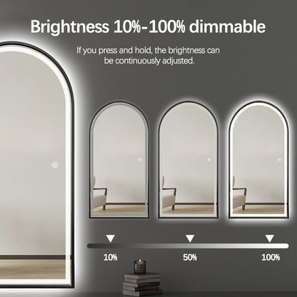 Full Length Arched LED Mirror 180cm x 80cm Freestanding Wall Mounted Black Frame Dimmable