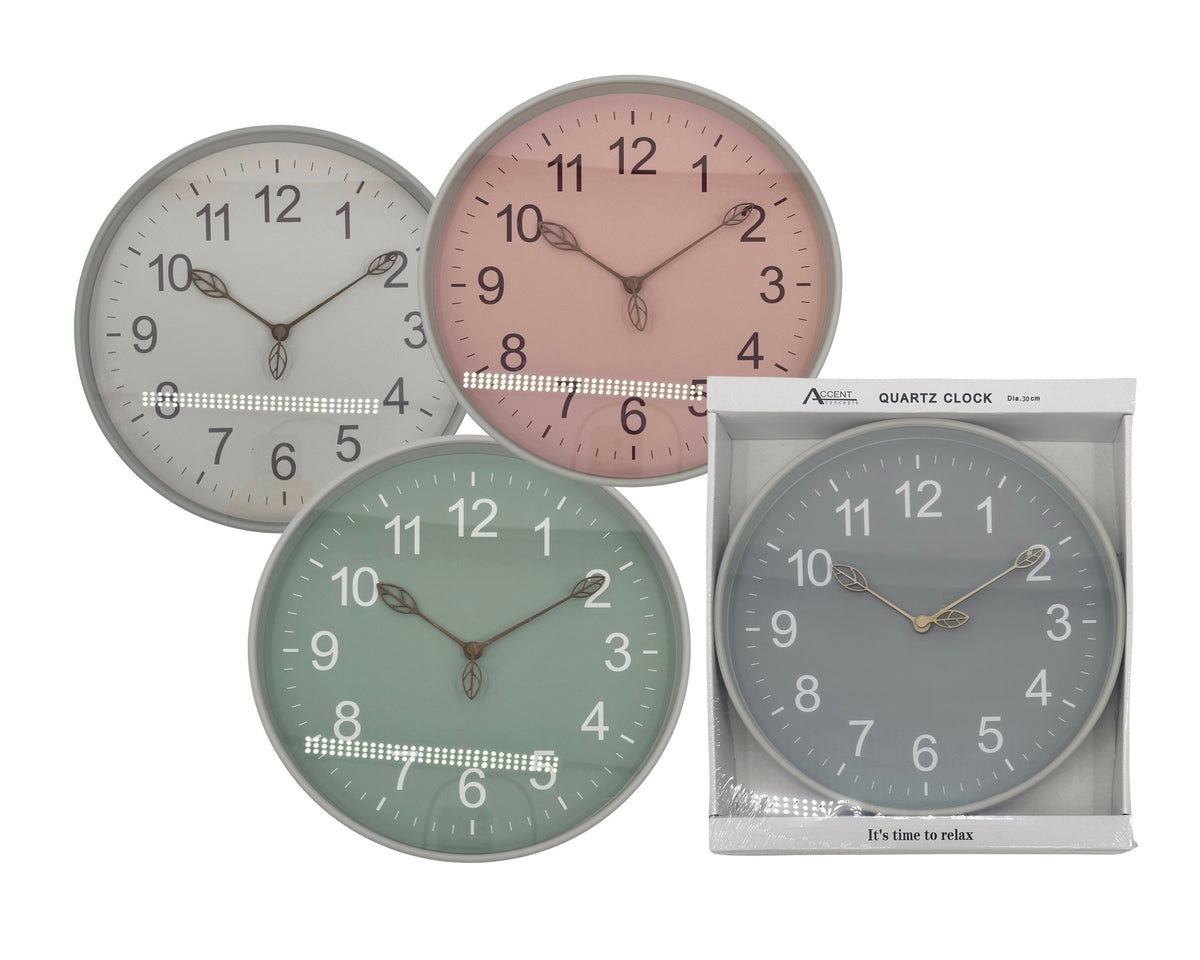 Bulk 10 12" Plastic Wall Clock With Leaf Style Arm 4 Asst 30*30*3.8