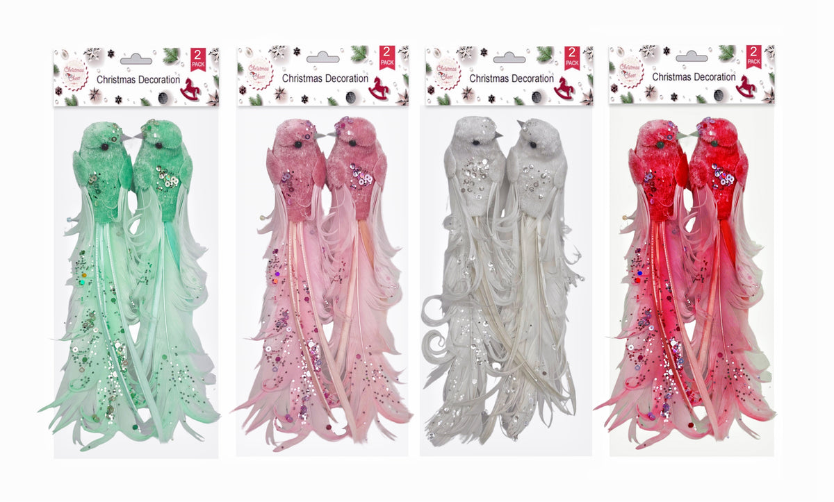 Bulk 24 Xmas Feather & Sequins Bird W Clip pk2 17x3.5x4cm 4 Asst