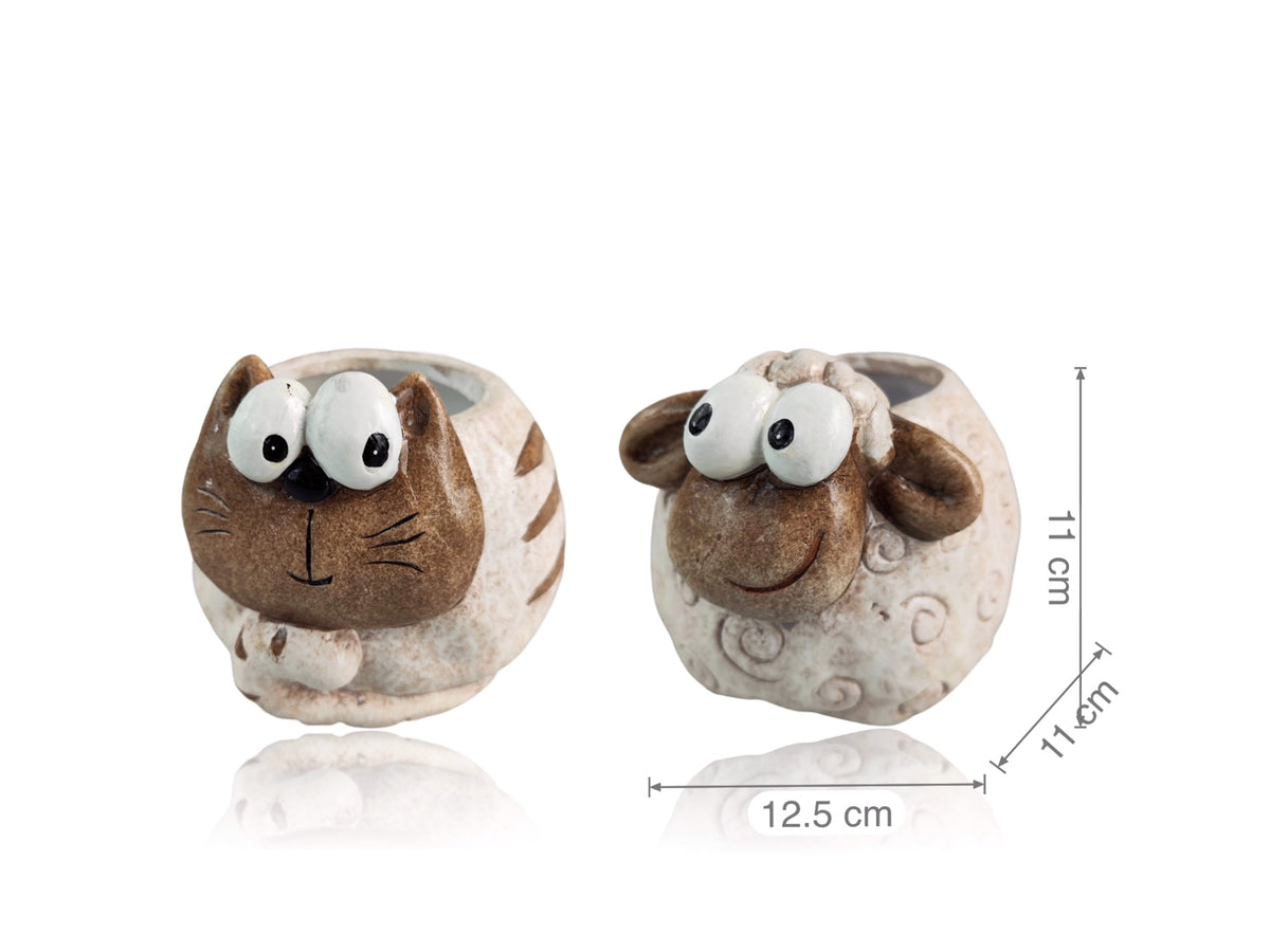 Set 2 Ceramic Sheep & Cat Planter 12cm