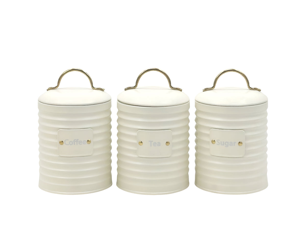 Set 3 Corrugated Metal Coffee Tea Sugar Storage Tins 17cm