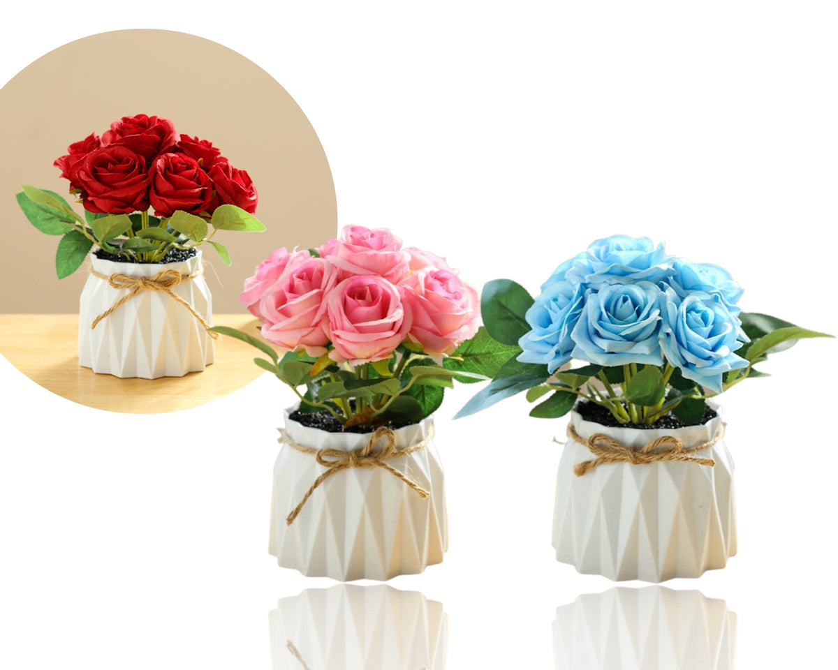 Bulk 12 Artificial Rose In Pot 15x18hcm 3 Asst