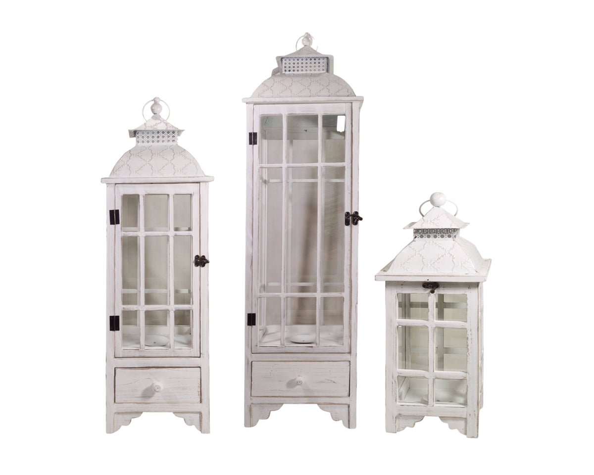 Tall Wooden Window Lantern W Draws White s/3 32x32x120cm