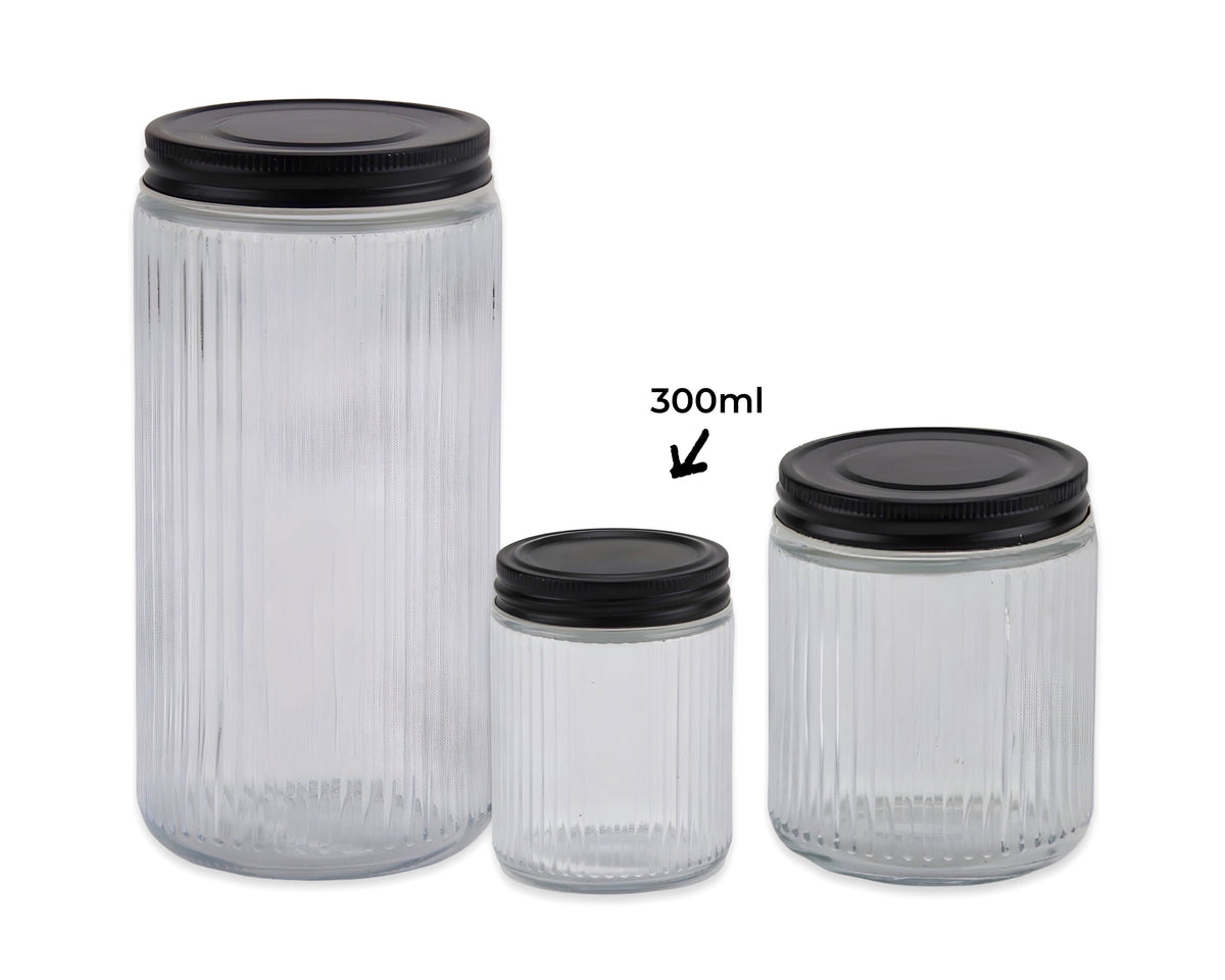 bulk 24 Ribbed Glass Jar w/ Metal Lid 300ml 10cm
