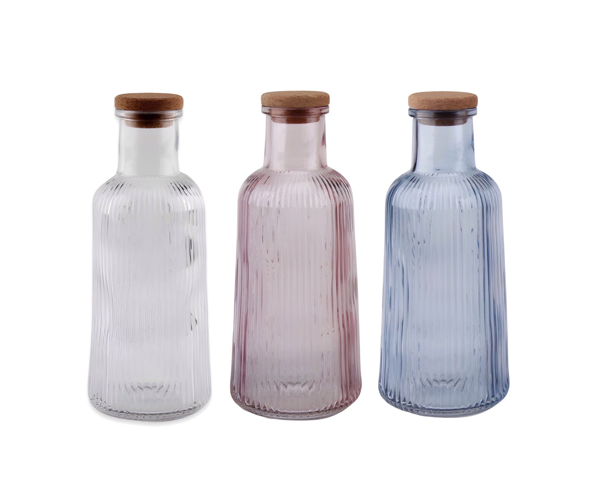 bulk 12 Ribbed Glass Bottle w/ Cork Lid 1lt Assorted 8x28cm