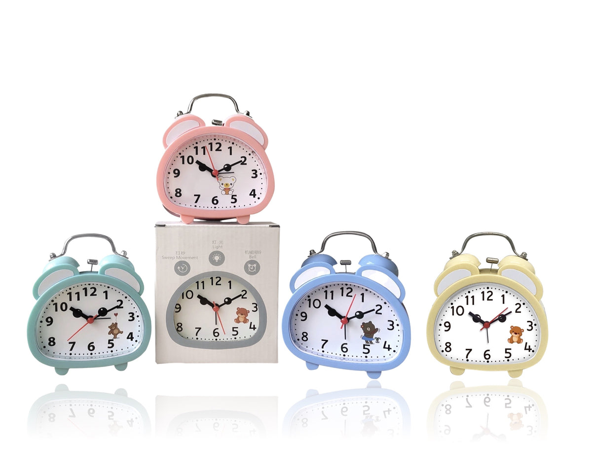 Bulk 12 Happy Teddy Alarm Clock 11.5x5.5x13.5cm 4 Colours