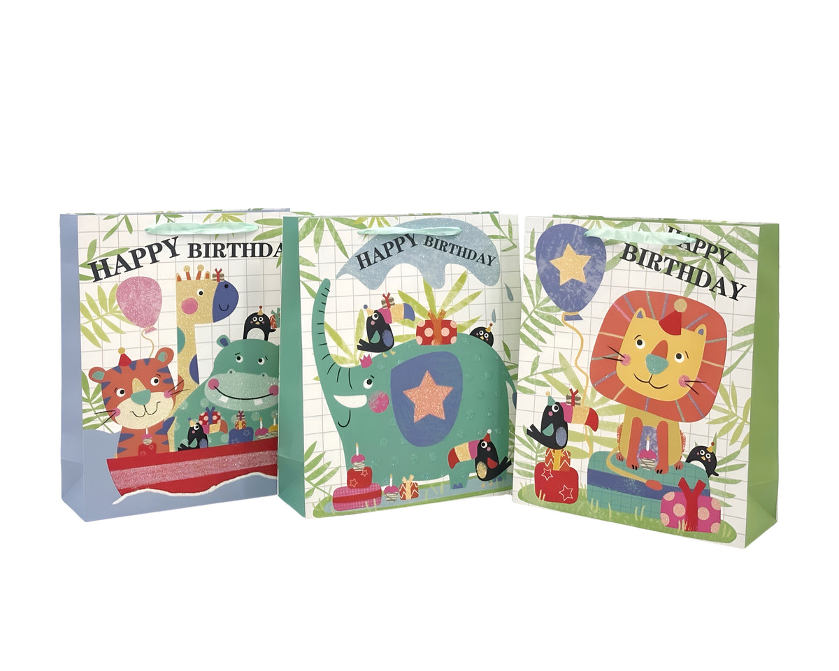 bulk 24 Large Happy Jungle Birthday Gift Bag Assorted 32cm