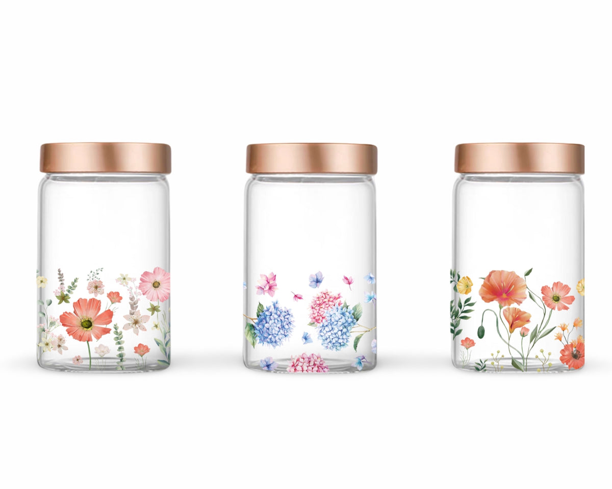 bulk 12 Meadow Bouquet Floral Glass Jar w/ Metal Lid 1.25L 3 Assorted