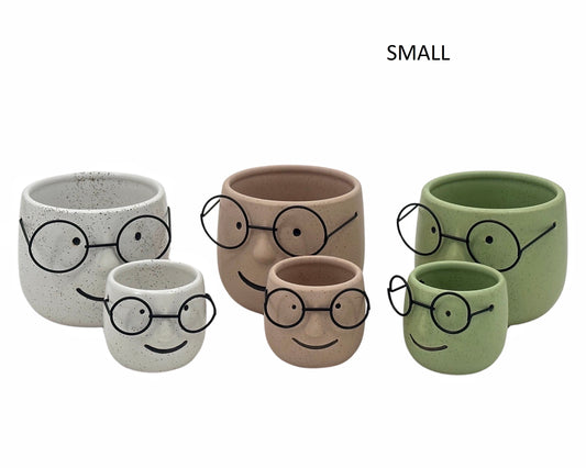 Set 3 Ceramic Pot Planter w/ Metal Glasses 6cm