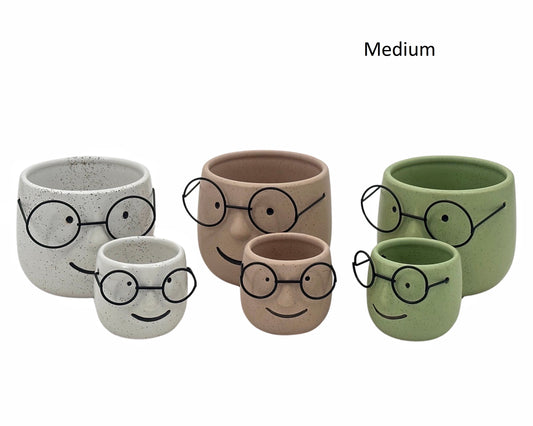 Set 3 Ceramic Pot Planter w/ Metal Glasses 12cm
