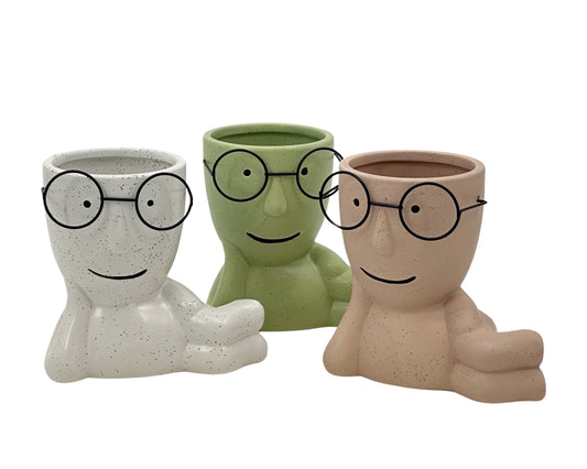 Set 3 Lay On Side Ceramic Pot w/ Metal Glasses 15cm
