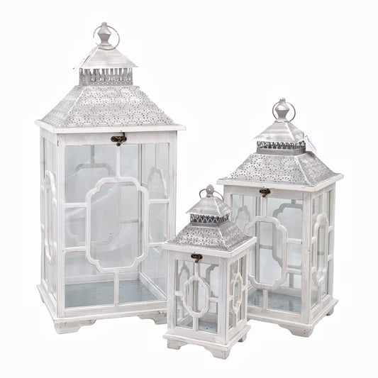 Set 3 Wooden Lantern w/ Metal Roof 76cm