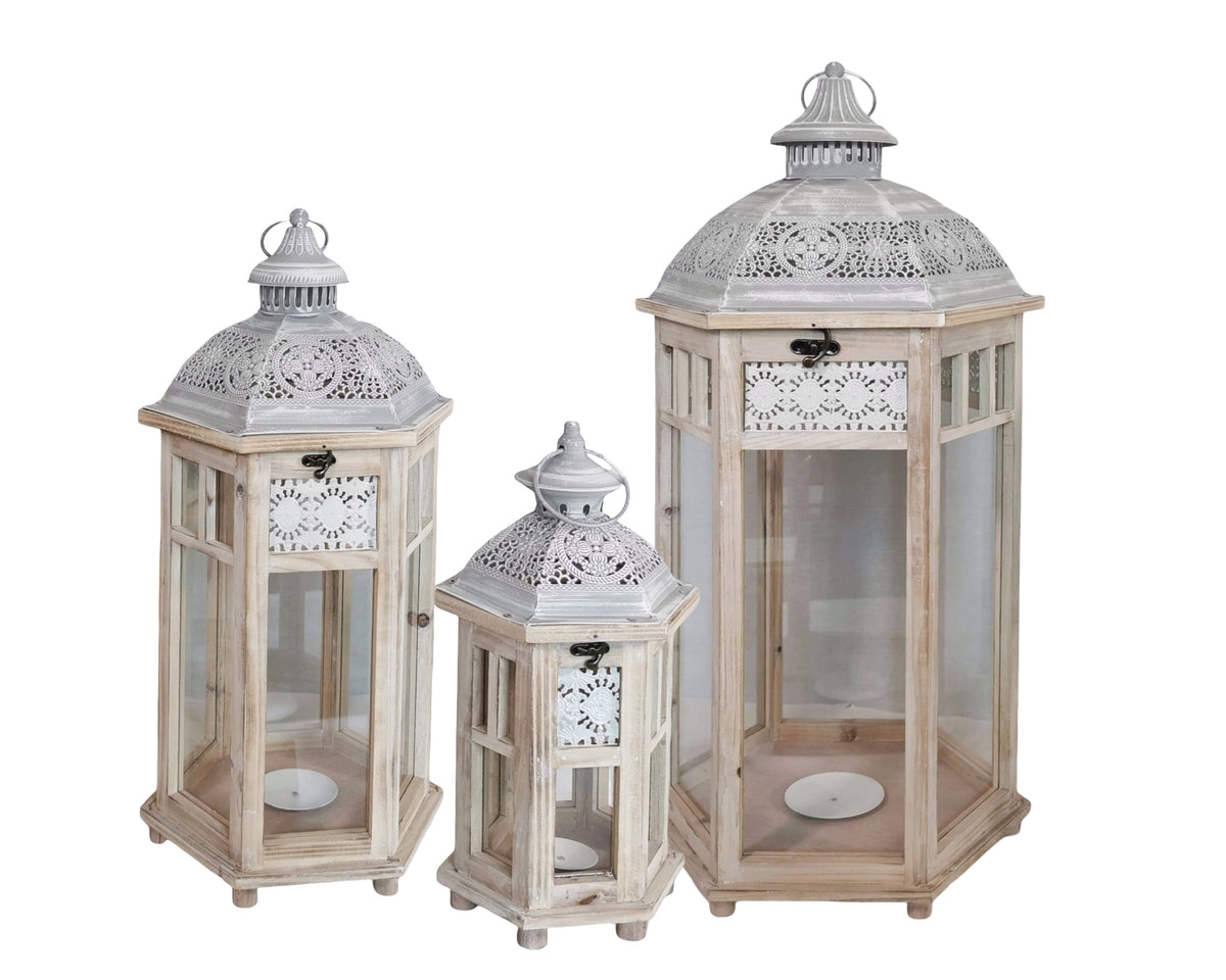 Set 3 Wooden Lantern w/ White Metal Top 76cm