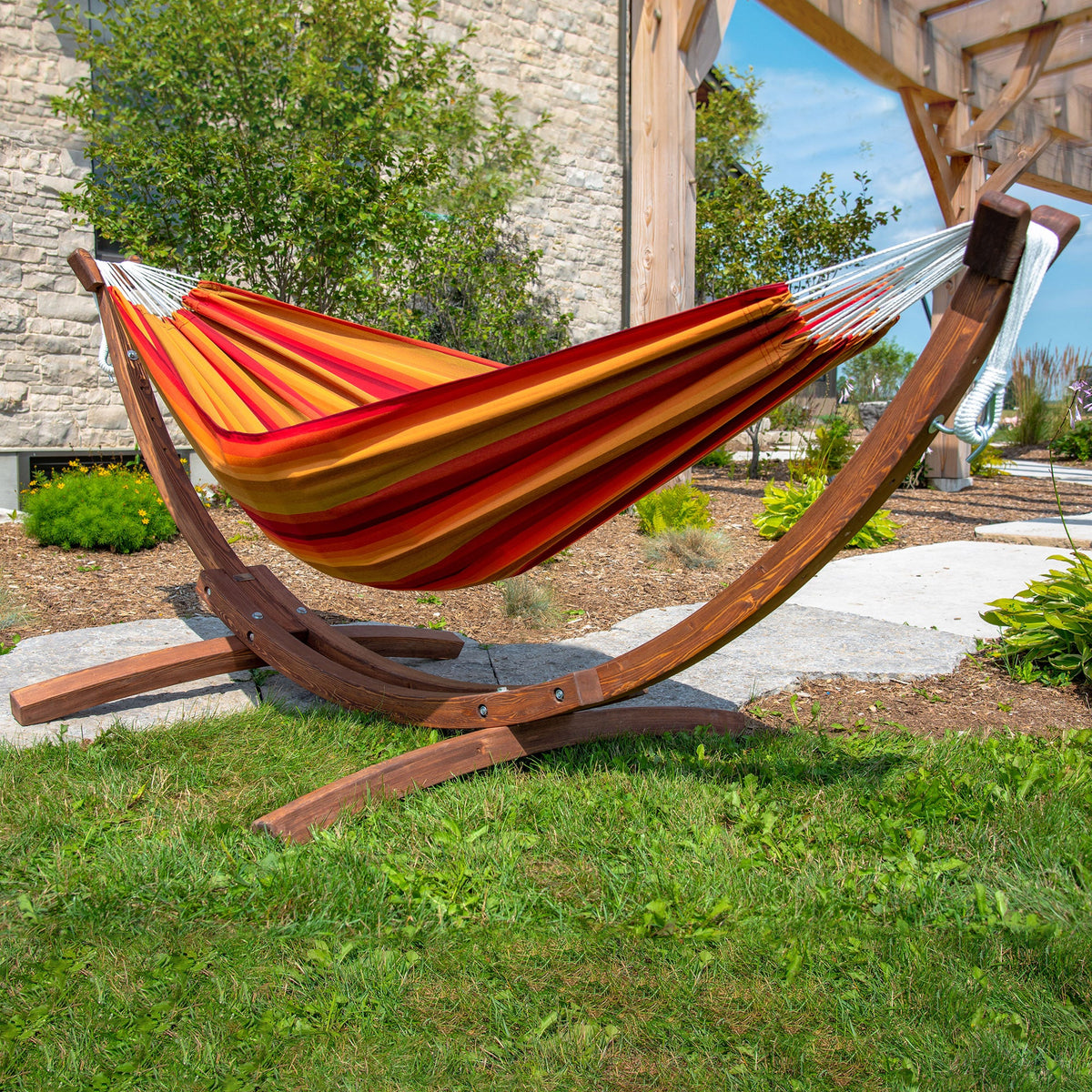 Vivere Double Sunbrella Hammock with Solid Pine Stand (260cm) - Sunset