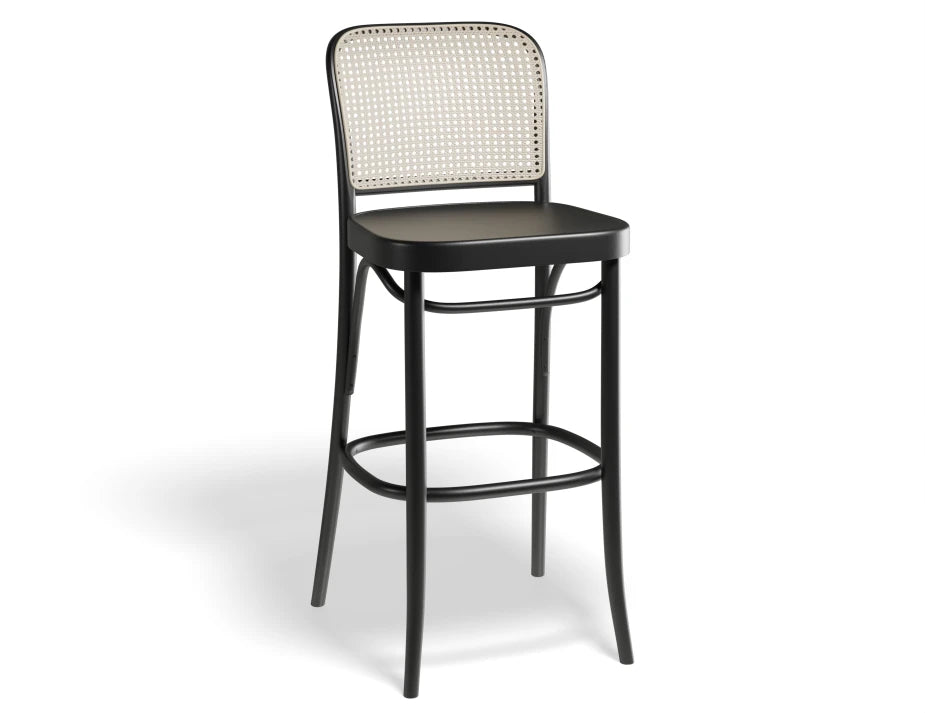 811 Hoffmann Stool - Black Stained Wood Seat - Cane Backrest - by TON