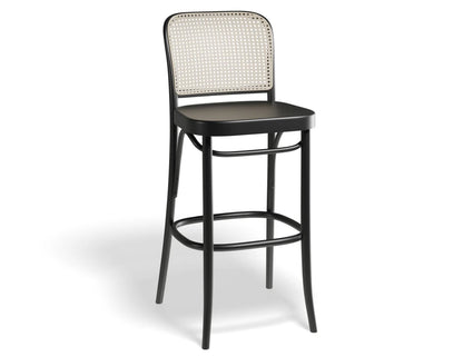 811 Hoffmann Stool - Black Stained Wood Seat - Cane Backrest - by TON