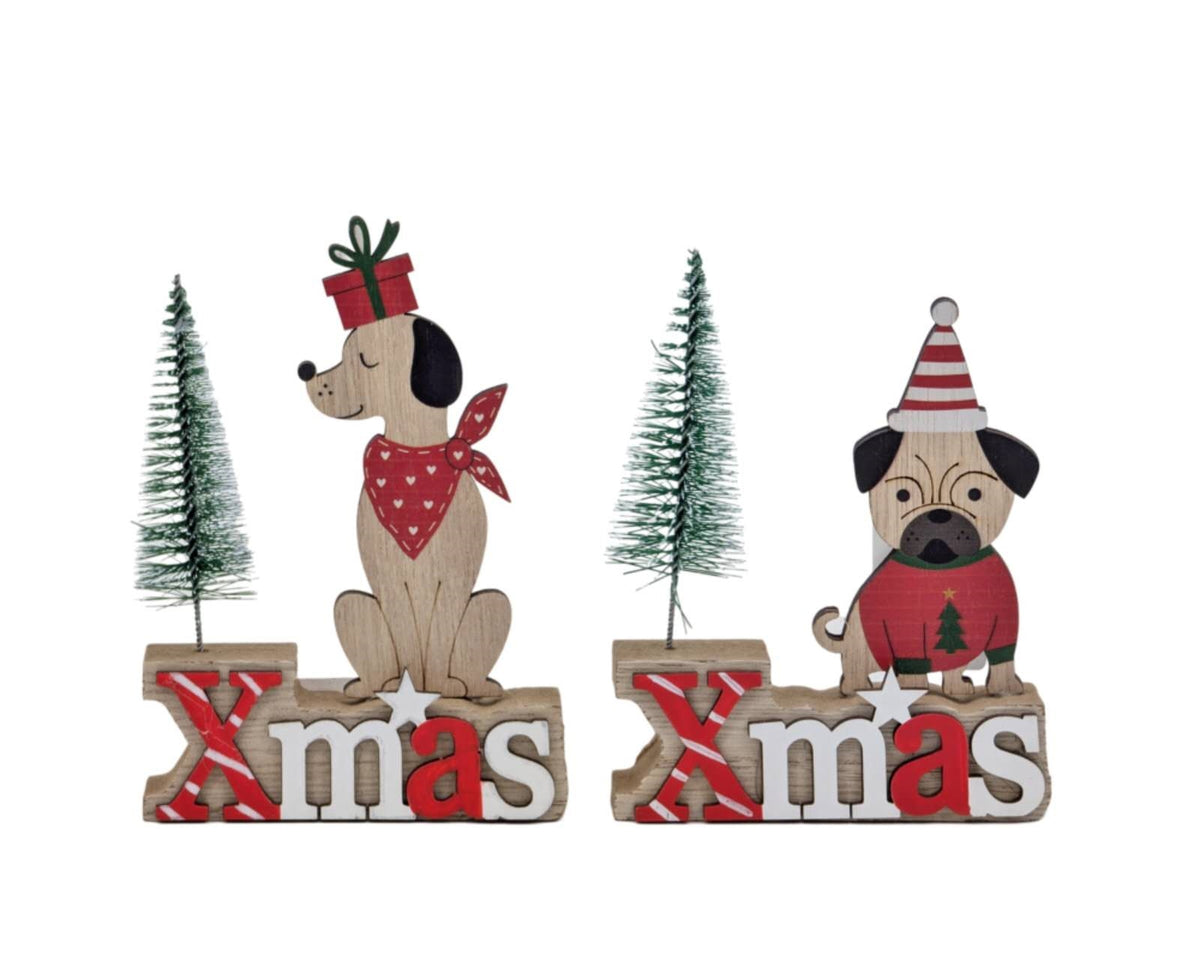 Bulk 24 Xmas Mdf Dog & Tree Deco 9x13cm 2 Asst