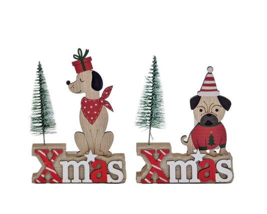 Bulk 24 Xmas Mdf Dog & Tree Deco 9x13cm 2 Asst