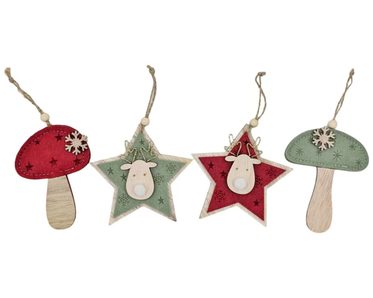Bulk 24 Xmas Felt Star & Mushroom Hanger 11cm 4 Asst