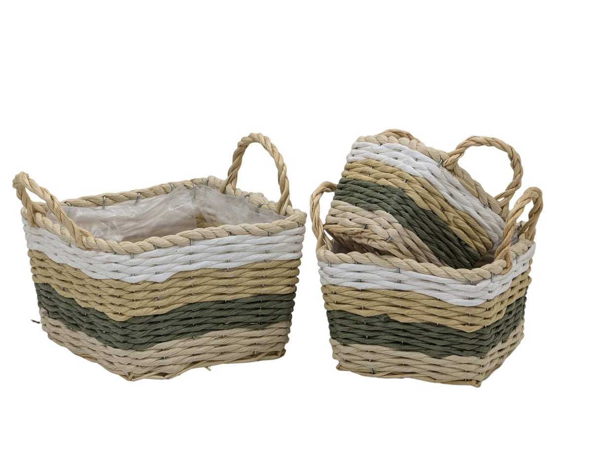 Bulk 4 Paper Rope Square Basket W Handle Set 3 22x14cm