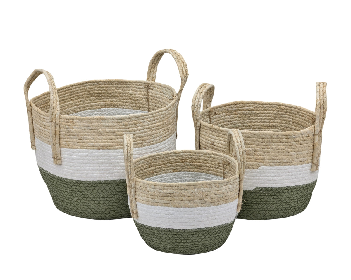 Bulk 4 Paper Rope Round Basket W Handle Set 3 33x26.5cm