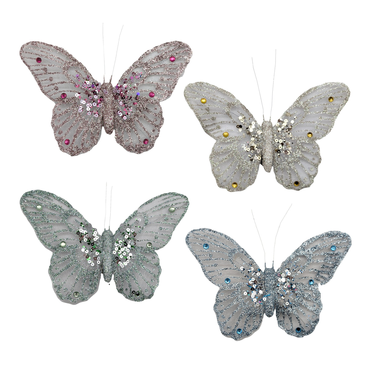 Bulk 48 Glitter Butterfly W Clip 14x9.5cm 4 Asst