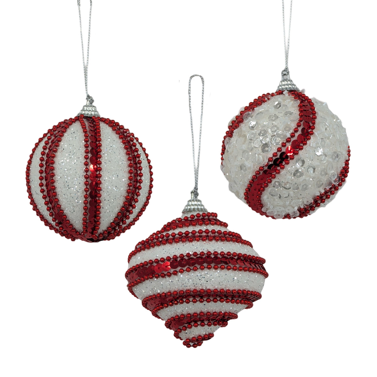Bulk 24 Xmas R&w Glitter Bauble Ornaments 10cm 3 Asst